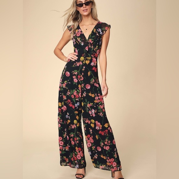 Lulus Pants - LULUS Blooming Love Black Floral Print Ruffled Jumpsuit